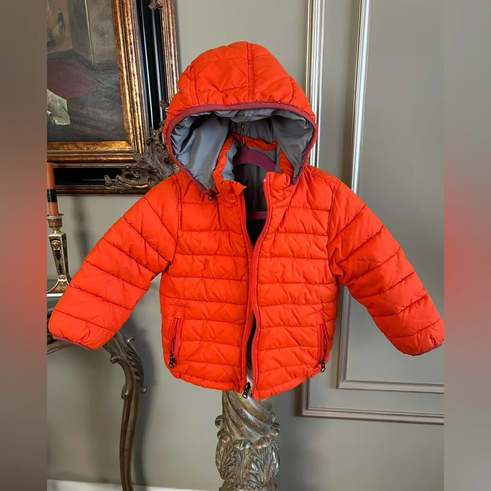 Baby Gap Reversible Orange Gray Puffer Jacket Hooded Winter Coat Toddler 3T